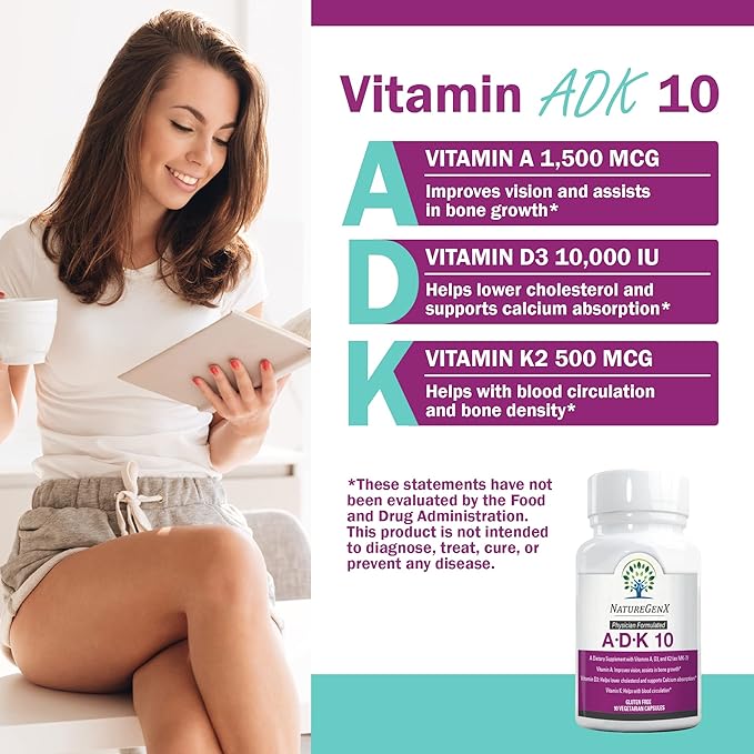 ADK 10 Supplement - Potent A, K2 & D3 Vitamin Supplement 10000 IU for Bone, Heart & Immune Support - 90 Count Easy-to-Swallow Vitamin ADK Supplement Capsules (3 Month Supply)