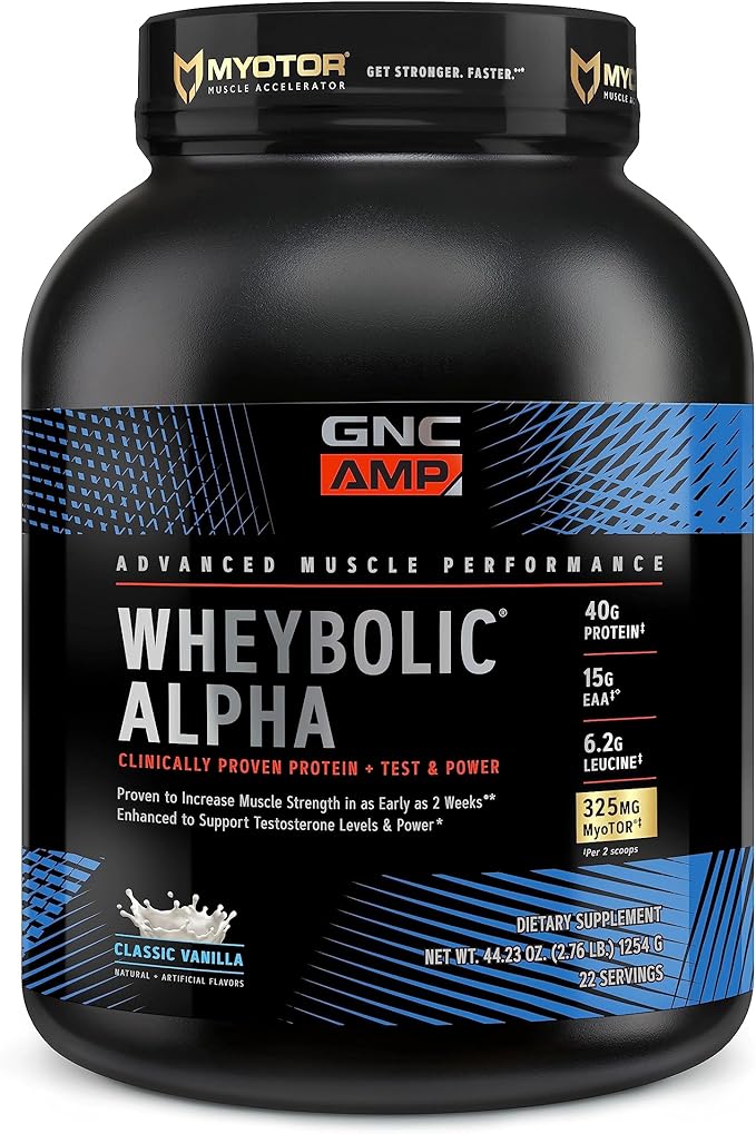 GNC AMP Wheybolic Alpha Whey Protein Powder with MyoTOR | Targeted Muscle Building and Workout Support Formula with BCAA | 40g Protein | Classic Vanilla | 22 Servings