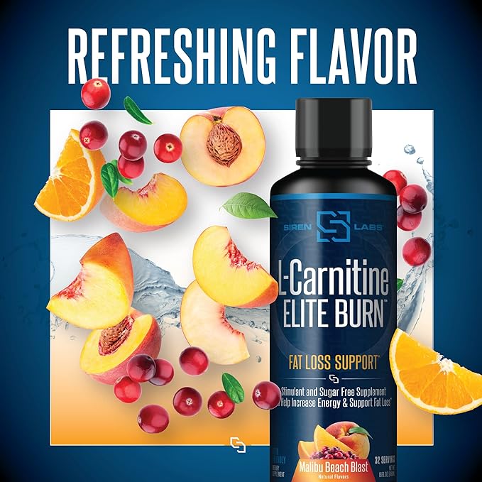 Siren Labs L-Carnitine Elite Burn Liquid Keto Fat Burner and Metabolism Activator - Fat Loss Support Keto Friendly Weight Loss Increase Energy-Stimulant Free - Malibu Beach Blast 3000mg (32 Servings)