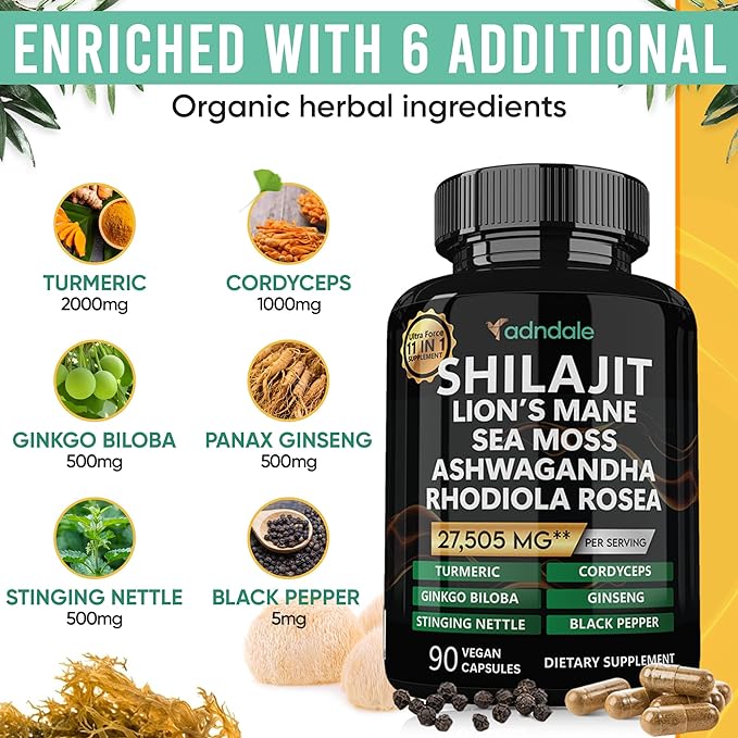 Shilajit for Men 11-in-1 Pure Himalayan Organic Shilajit Capsules with Sea Moss Ashwagandha Rhodiola Rosea Panax Ginseng Turmeric Lion’s Mane Ginkgo. Shilajit Capsules for Women.
