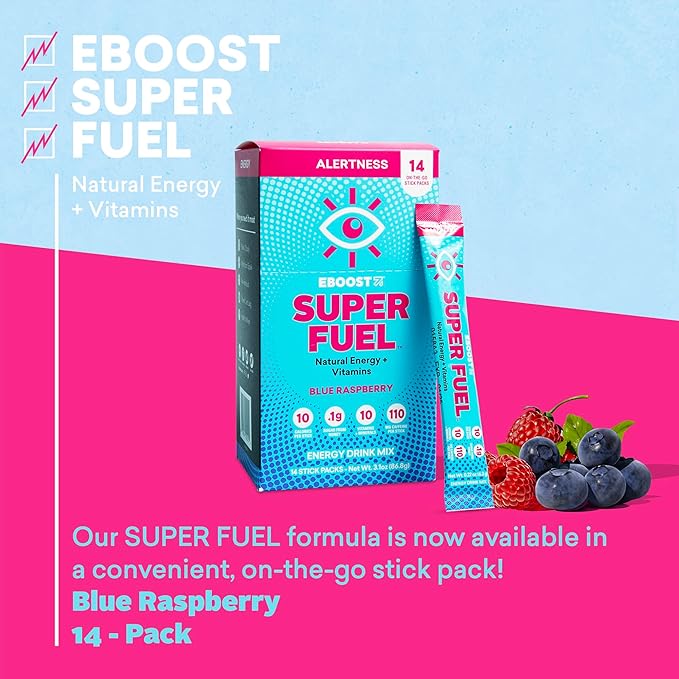 EBOOST Energy Drink Powder, Super Fuel - Blue Raspberry, 14 Packets - Pre-Workout Powder Energy Drink Mix - Natural Energy, L-Tyrosine, L-Theanine & Vitamins - Preworkout for Women & Men to Go