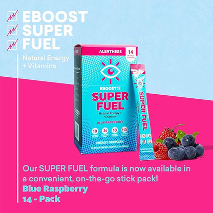 EBOOST Energy Drink Powder, Super Fuel - Blue Raspberry, 14 Packets - Pre-Workout Powder Energy Drink Mix - Natural Energy, L-Tyrosine, L-Theanine & Vitamins - Preworkout for Women & Men to Go