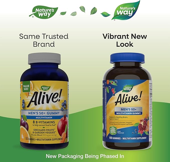 Nature’s Way Alive! Men’s 50+ Daily Gummy Multivitamins, Supports Healthy Brain, Eyes, Heart*, B-Vitamins, Gluten-Free, Vegetarian, Fruit Flavored, 150 Gummies (Packaging May Vary)