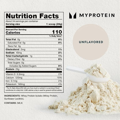 Myprotein® Impact Whey Isolate Protein Powder, Gluten Free Protein Powder, Muscle Mass Protein Powder, Dietary Supplement for Weight Loss, GMO & Soy Free, Whey Protein Powder , Unflavored, 2.2 Lbs