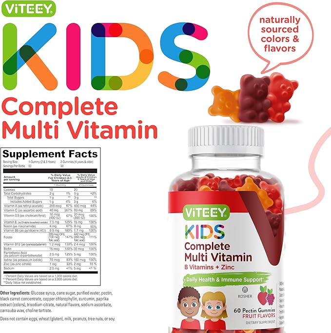 Kids Multivitamin Gummies, Complete Daily Essential Kids Vitamins - Great for Immune Support & Overall Health - 12 Essential Minerals & Vitamins - Vegetarian, Gelatin Free- Chewable Fruit Flavor Gummy