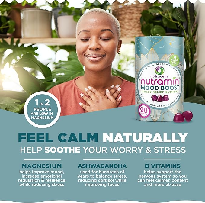 NUTRAMIN Mood Boost Multivitamin Gummy - Delicious & Yummy Anti-Stress Magnesium Ashwagandha Gummies + B Complex Vitamins for Focus and Calm - Sugar-Free, Vegan, Gluten-Free, Allergy-Safe (90 Count)