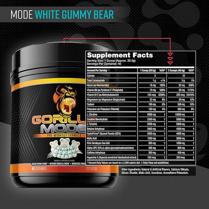 Gorilla Mode Pre Workout - Massive Pumps · Laser Focus · Energy · Power - L-Citrulline, Creatine, L-Tyrosine, Betaine, Hydroprime®, Alpha-GPC, 400mg Caffeine, Huperzine A – 808g (White Gummy Bear)