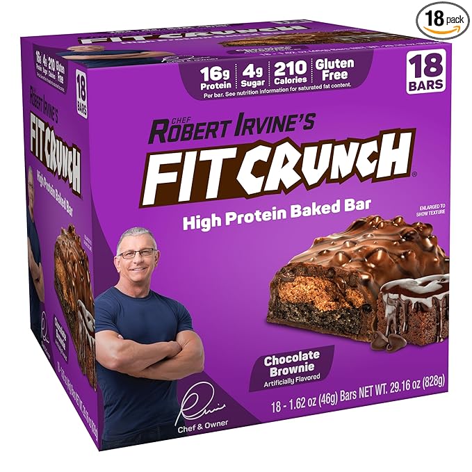 FITCRUNCH Snack Size Protein Bars, 6-Layer Baked Bar, 4g of Sugar, Gluten Free & Soft Cake Core (18 Bars, Chocolate Brownie)