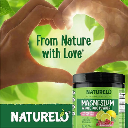 NATURELO Magnesium Powder - Whole Food Calm Magnesium Powder with Quinoa, Cauliflower, & Flaxseed for Stress Relief, Raspberry Lemon 40 Servings, 7oz