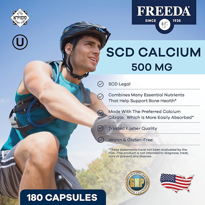 FREEDA Calcium Complex - Kosher Calcium Citrate Supplement with Magnesium and Vitamin D, K2 - Bone Health & Joint Support for Women & Men (180 Capsules) - Suitable for All, SCD Compliant
