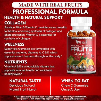 Made with Real Super Fruits Delicious Gummy Supplement,Men,Women & Kids(60 Chews),9 Superfruits,Fruit & Herbs,Superfruits Vitamins,Non-GMO,Pectin-Based,Gluten-Free,No More Pills-30 Day Supply