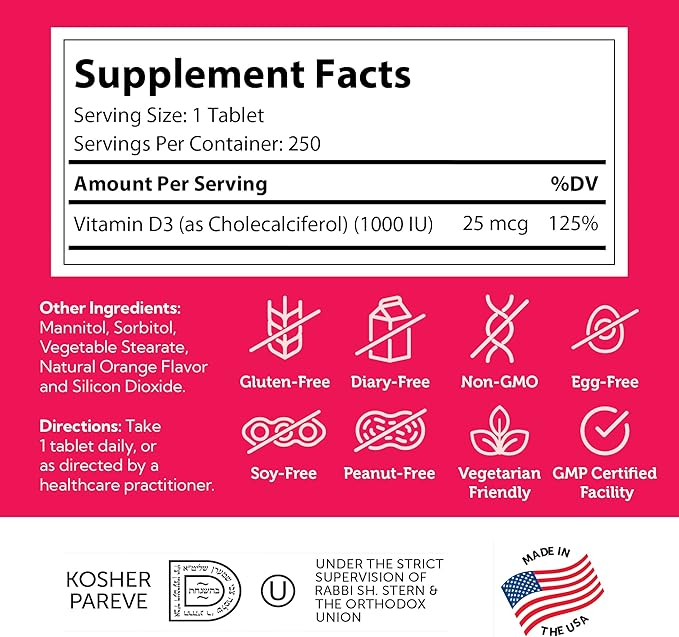 Zahler Junior D3 Vitamins 1000 IU - Chewable Vitamin D3 for Kids - Vitamin D for Kids to Support Bone, Teeth & Immune Health - Kosher Kids Vitamin D3 Orange Flavor - D3 Vitamins for Kids 250 Count.