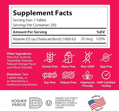 Zahler Junior D3 Vitamins 1000 IU - Chewable Vitamin D3 for Kids - Vitamin D for Kids to Support Bone, Teeth & Immune Health - Kosher Kids Vitamin D3 Orange Flavor - D3 Vitamins for Kids 250 Count.