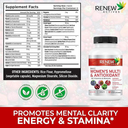 Renew Actives Women's Multi-Vitamin & Antioxidant: Daily Health Supplement - 22 Vitamins & Minerals for Energy and Mental Alertness - 60 Capsules