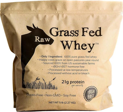 Raw Grass Fed Whey Protein Powder, Happy Healthy Cows, Undenatured, GMO-Free, Hormone Free, Gluten Free, Unflavored, Unsweetened, 5LB