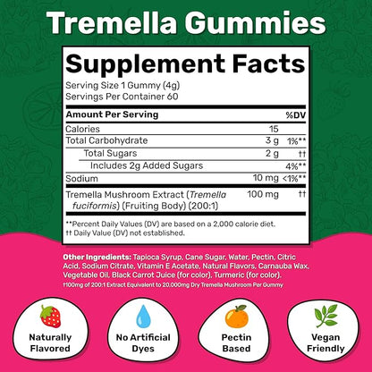 Fungies Tremella Mushroom Gummies, Mixed Strawberry & Lemon Flavor - Mushroom Herbal Supplement Gummy for Adults Supports Collagen Synthesis, Healthy Skin & Healthy Aging - Beauty Gummies 60 Servings