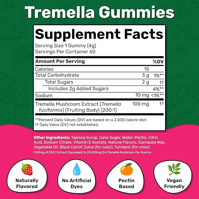 Fungies Tremella Mushroom Gummies, Mixed Strawberry & Lemon Flavor - Mushroom Herbal Supplement Gummy for Adults Supports Collagen Synthesis, Healthy Skin & Healthy Aging - Beauty Gummies 60 Servings