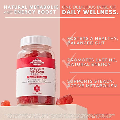 Apple Cider Vinegar Gummies - Sugar Free Apple Cider Gummies with Vitamin B12 and Beetroot Powder - Vegan, Non-GMO & Gluten-Free, Made in USA (30 Servings)