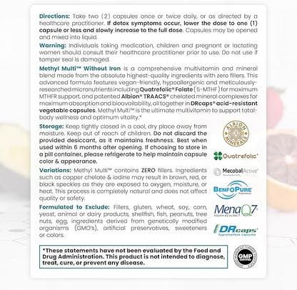 Methyl Multi Without Iron Methylated Multivitamin for Men & Women, 120-Day Supply | Methyl B12 & Methylfolate (5-MTHF) for MTHFR Support | Pharma Grade Multivitamin & Multimineral For Health, 240 Caps