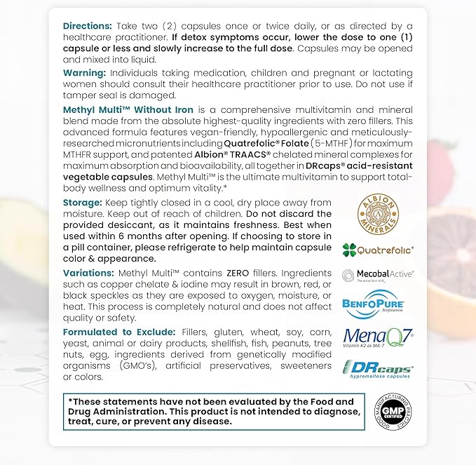 Methyl Multi Without Iron Methylated Multivitamin for Men & Women, 60-Day Supply | Methyl B12 & Methylfolate (5-MTHF) for MTHFR Support | Pharma Grade Multivitamin & Multimineral For Health, 120 Caps