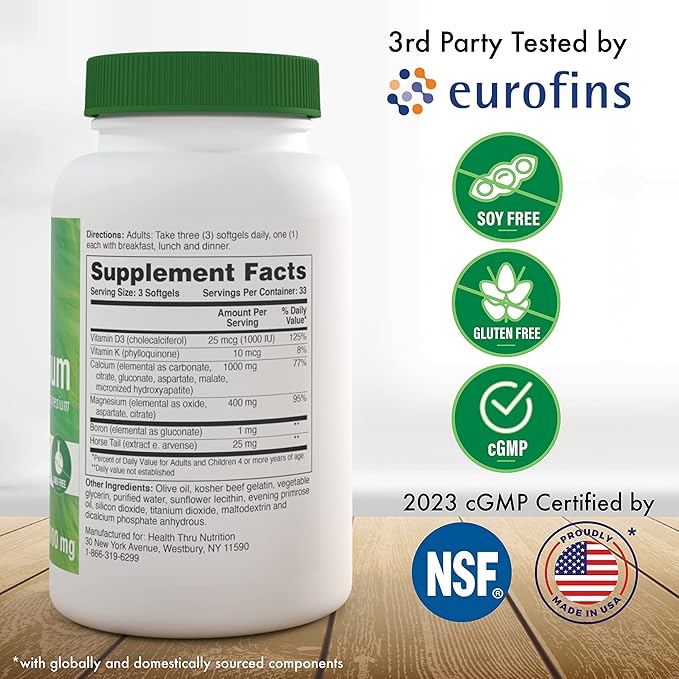 Health Thru Nutrition Liquid Calcium 1000mg, Magnesium 400mg, Vitamin D3 1,000iu and Boron | Bone Restore & Strength with 6 Calcium Complex | 3rd Party Tested | Non-GMO Gluten Free (Pack of 100)