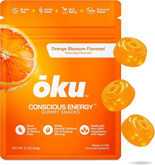 ōku Conscious Energy Gummy Snacks – Natural Caffeine from Green Tea & Yerba Mate, Vegan, Clean Ingredients, Gluten-Free, Focused Energy, Antioxidants & Fiber, Orange Blossom Pack of 12