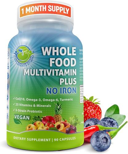 Vegan Whole Food Multivitamin Without Iron, Daily Multivitamin for Women and Men, Made with Fruits & Vegetables, B-Complex, Probiotics, Enzymes, CoQ10, Omegas, Turmeric, Non-GMO, 90 Count
