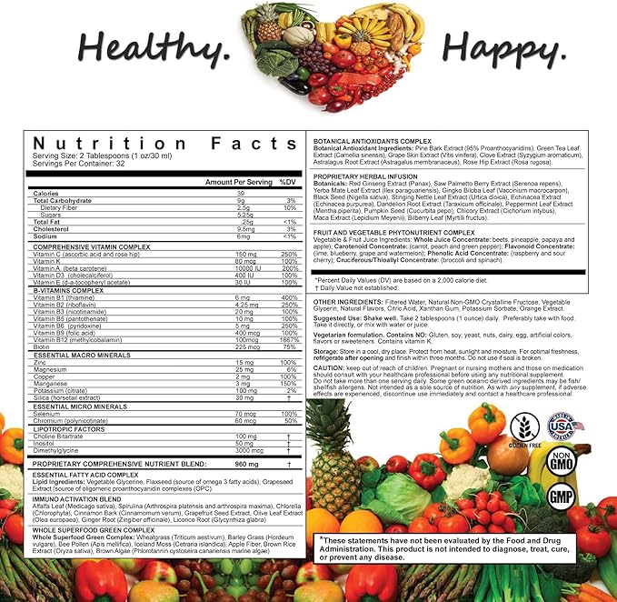 LiquiVive Liquid Vitamins Mega Nutrition | Vegetarian Daily Multivitamin Balance Immune Support Booster Superfood of Nature | Vitamin C D3 A B12 E K | 99.9% Vegan Non-GMO Gluten Free 32 fl oz