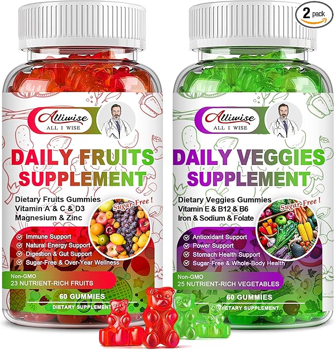 Sugar-Free Fruits and Veggies Gummies Supplement, Multi-Vitamins & Minerals in Gummies, Natural Fruits and Vegetables Supplement, Immunity & Antioxidant & Energy Supplements for Women & Men