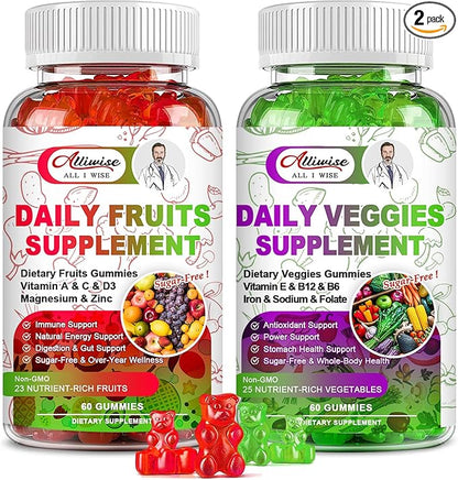 Sugar-Free Fruits and Veggies Gummies Supplement, Multi-Vitamins & Minerals in Gummies, Natural Fruits and Vegetables Supplement, Immunity & Antioxidant & Energy Supplements for Women & Men