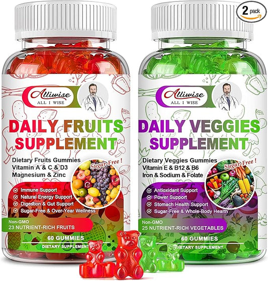 Sugar-Free Fruits and Veggies Gummies Supplement, Multi-Vitamins & Minerals in Gummies, Natural Fruits and Vegetables Supplement, Immunity & Antioxidant & Energy Supplements for Women & Men