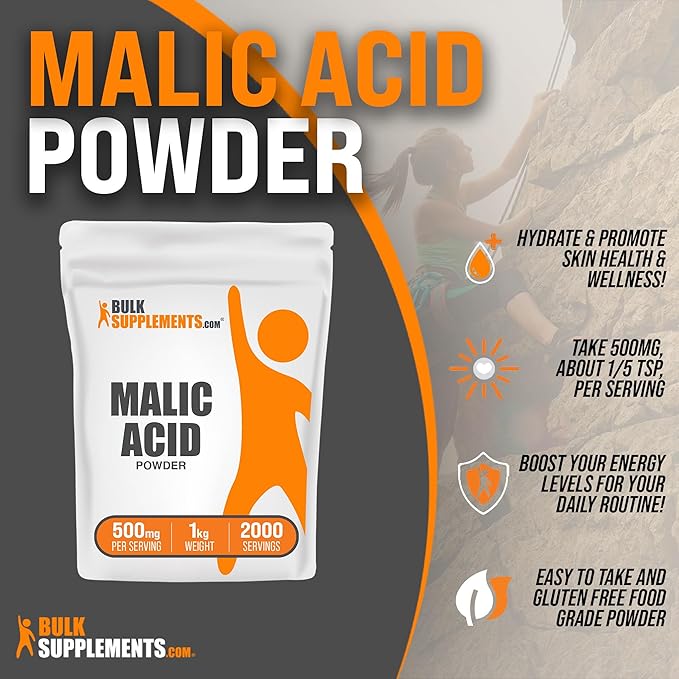 BulkSupplements.com Malic Acid Powder - Malic Acid Supplement, Malic Acid Powder Food Grade - for Energy & Skin Support, Gluten Free - 500mg per Serving, 1kg (2.2 lbs)