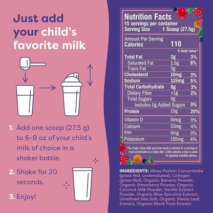 FlavCity All-In-One Protein Smoothie for Kids (Magical Berry) - Grass-Fed & Undenatured Whey Protein Powder with 15g Protein & 5g Collagen - Gluten-Free & Non-GMO - 15 Servings