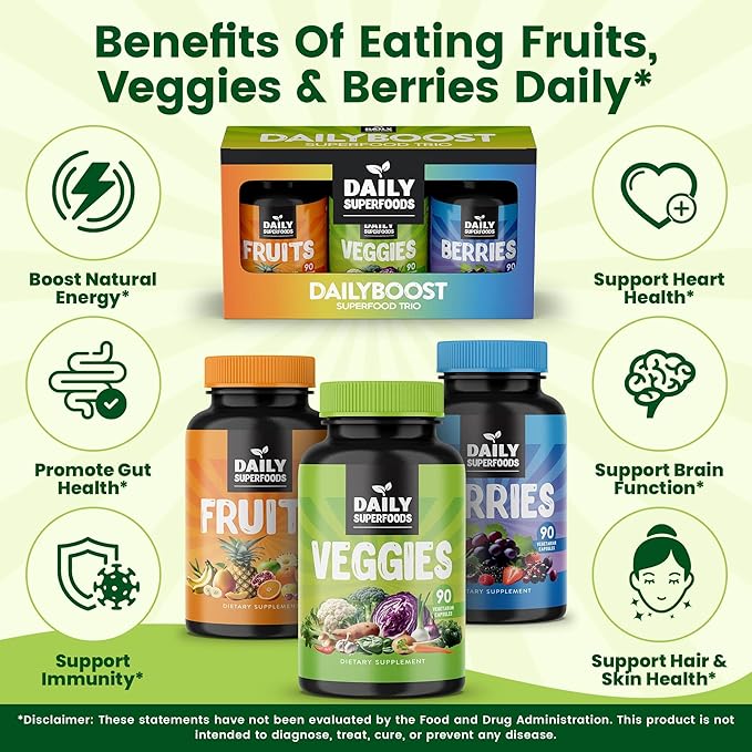 DailyBoost - 42 Different Whole Food Fruits and Veggies Supplement with Berries for Natural Energy Boost - Balance of 100% Fruit and Vegetables Capsules from Nature - Made in The USA
