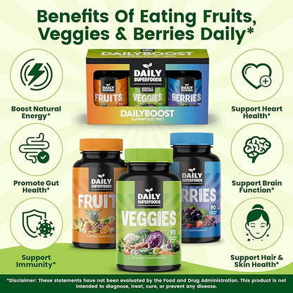 DailyBoost - 42 Different Whole Food Fruits and Veggies Supplement with Berries for Natural Energy Boost - Balance of 100% Fruit and Vegetables Capsules from Nature - Made in The USA