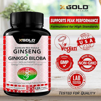 Korean Red Panax Ginseng 1200mg + Ginkgo Biloba -120 Vegan Capsules - High Ginsenosides Extra Strength Root Extract Powder Supplement for Energy, Performance & Focus Pills for Men & Women