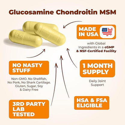 Glucosamine Chondroitin MSM and Turmeric Supplement - Joint Support Supplement for Women & Men with Boswellia & Glucosamine Sulfate 1500 mg. Used for Cartilage & Joint Health & Flexibility 90 Capsules