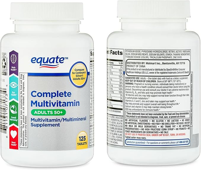 Equate Adult 50+ One Daily Complete Multivitamin Multimineral Supplement Tablets, Healthy Brain* - Compare to Centrum Silver, 125 Pills (Pack of 1)