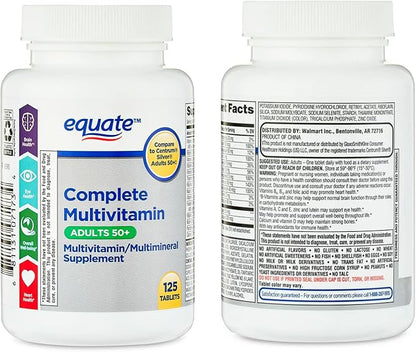 Equate Adult 50+ One Daily Complete Multivitamin Multimineral Supplement Tablets, Healthy Brain* - Compare to Centrum Silver, 125 Pills (Pack of 1)