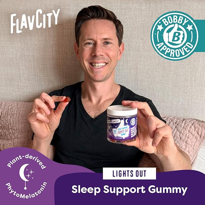 FlavCity Melatonin Sleep Gummies for Adults, Lights Out Gummy - Chewable Sleep Support Supplement with Plant-Based GABA, Magnesium & Chamomile for Deep & Restful Bedtime, 30-Day Supply