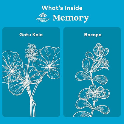 ORGANIC INDIA Memory Herbal Supplement - Brain Supplement for Memory and Focus, Bacopa Monnieri & Gotu Kola Brain Herbal Supplement, Memory Support - USDA Certified Organic, Non-GMO - 90 Capsules