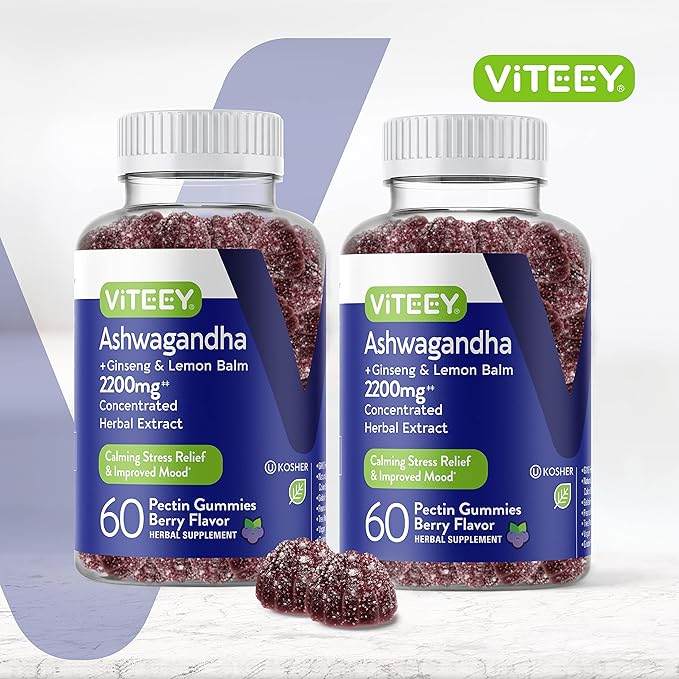 Ashwagandha Supplements Gummies with Ginseng & Lemon Balm Herbal Extract - Ashwagandha Gummies for Calm, Relax, Restore, Unwind - Vegan, Gelatin Free, Gluten Free - Tasty Chewable Berry Flavored