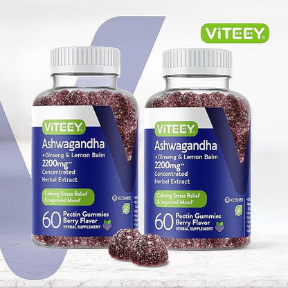 Ashwagandha Supplements Gummies with Ginseng & Lemon Balm Herbal Extract - Ashwagandha Gummies for Calm, Relax, Restore, Unwind - Vegan, Gelatin Free, Gluten Free - Tasty Chewable Berry Flavored