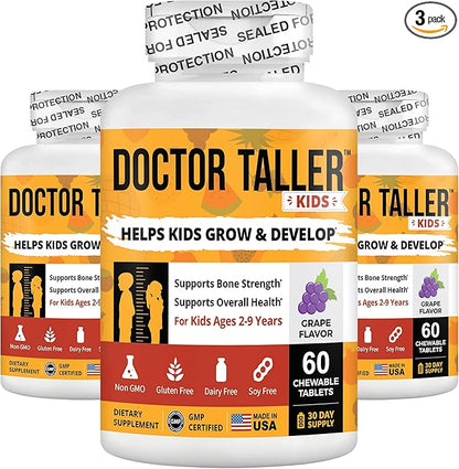 NuBest Doctor Taller Kids - Kids Multivitamins, Toddler Vitamins - Support Healthy Height, Height Growth and Bone Strength for Ages 2 to 9 - Grape Flavor - 60 Vegan Chewable Tablets | 3 Pack