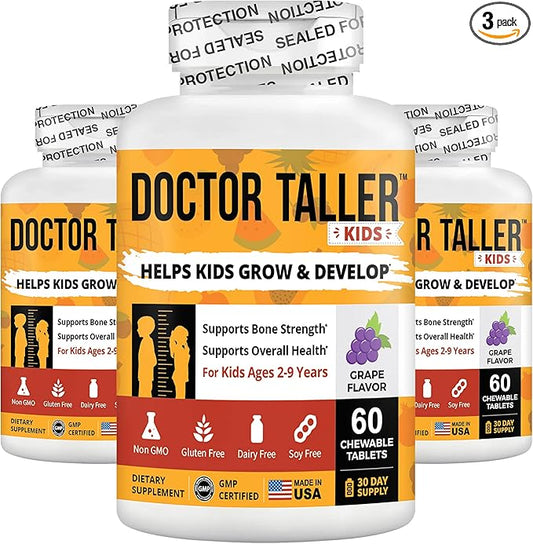 NuBest Doctor Taller Kids - Kids Multivitamins, Toddler Vitamins - Support Healthy Height, Height Growth and Bone Strength for Ages 2 to 9 - Grape Flavor - 60 Vegan Chewable Tablets | 3 Pack