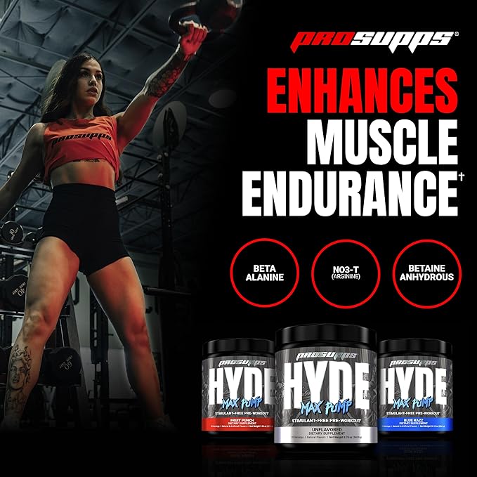 PROSUPPS Hyde Max Pump Pre Workout for Men and Women - Nitric Oxide Supplement for Pump and Endurance - Stimulant Free Pre Workout to Promote Blood Flow and Muscle Strength (Blue Razz, 20 Servings)