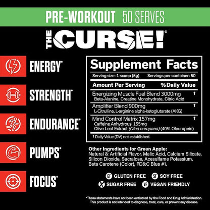 JNX Sports The Curse! Pre Workout Powder - Green Apple 50 Servings | Preworkout: Boost Strength, Energy + Focus for Men & Women | Caffeine, Beta-Alanine, Creatine & L-Citrulline