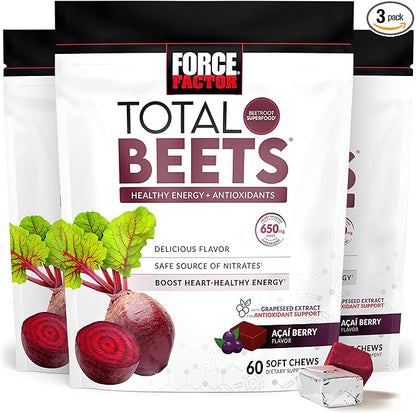 Force Factor Total Beets Soft Chews with Beetroot, Nitrates, L-Citrulline, Grapeseed Extract, & Antioxidants, Healthy Energy Supplement with Elite Ingredients for Heart, Superfood, 180 Count, 3-Pack