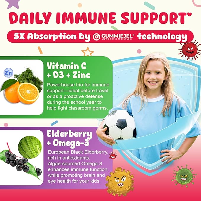 Elderberry + Vitamin C & Zinc Immune Support Gummies for Kids 4+, Omega-3, Vitamin D3, A, E, Sugar Free Daily Childrens Daily Multi Vitamins Gummy | Immunity, Eye & Brain Health | Non-GMO, 60 Count
