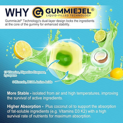 Methylated Multivitamin for Men Gummies, BCAA Amino Acids, Zinc, Vitamin A C D3 E K2 B6 B12 Biotin Calcium, Magnesium, Lycopene, Digestive Enzymes - Energy Muscle Immunity - Sugar Free, Vegan, 60 Cts